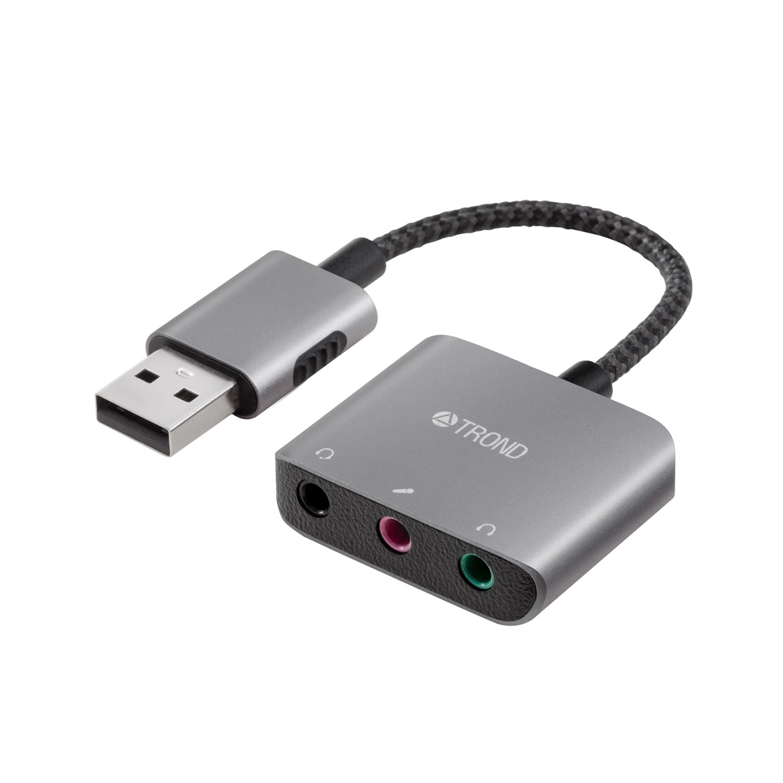 TROND External Sound Card USB Audio Adapter, Durable Aluminum Housing,  Flexible Nylon Braided Cable, USB Type A to 3.5mm TRS & TRRS Aux Jacks,  Space Gray