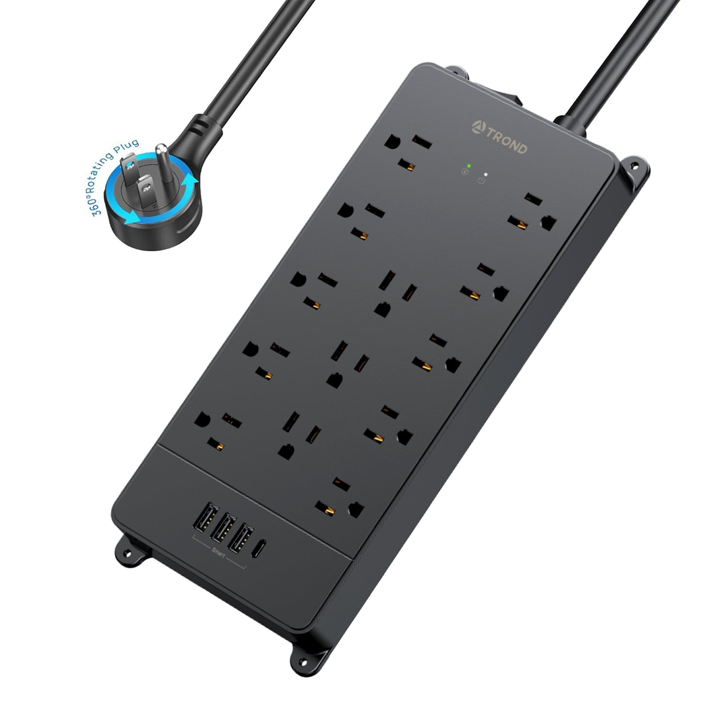 Surge Protector Power Strip, 360° Rotating Flat Plug, 13AC Widely Spaced Outlets