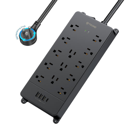 Surge Protector Power Strip, 360° Rotating Flat Plug, 13AC Widely Spaced Outlets