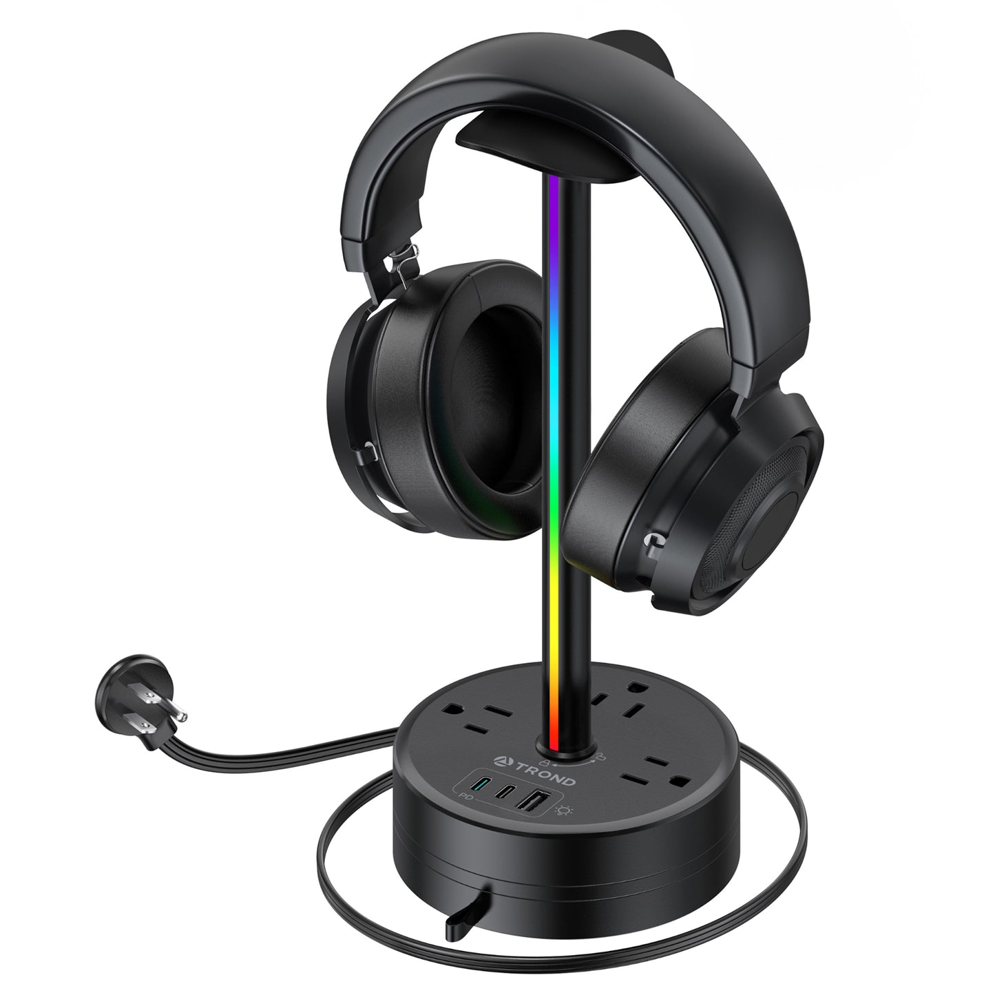 Headphone Stand with PD 20W USB C, RGB Gaming Headset Holder with 3 AC Outlets