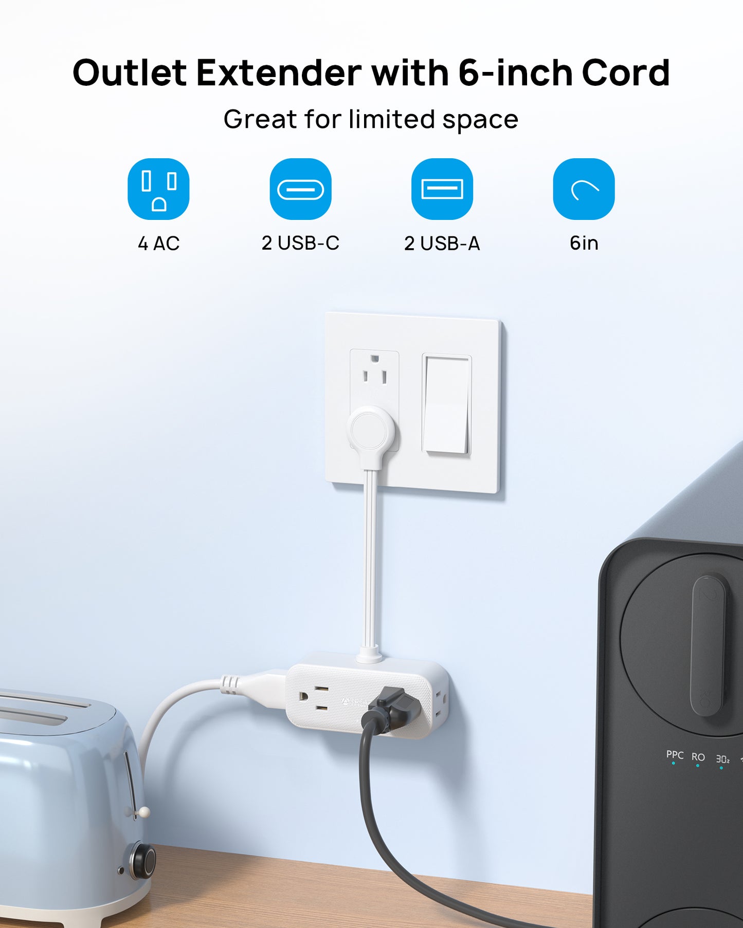 Outlet Extender with 6 Inch Cord - Flat Plug Adapter for Inverted Outlets