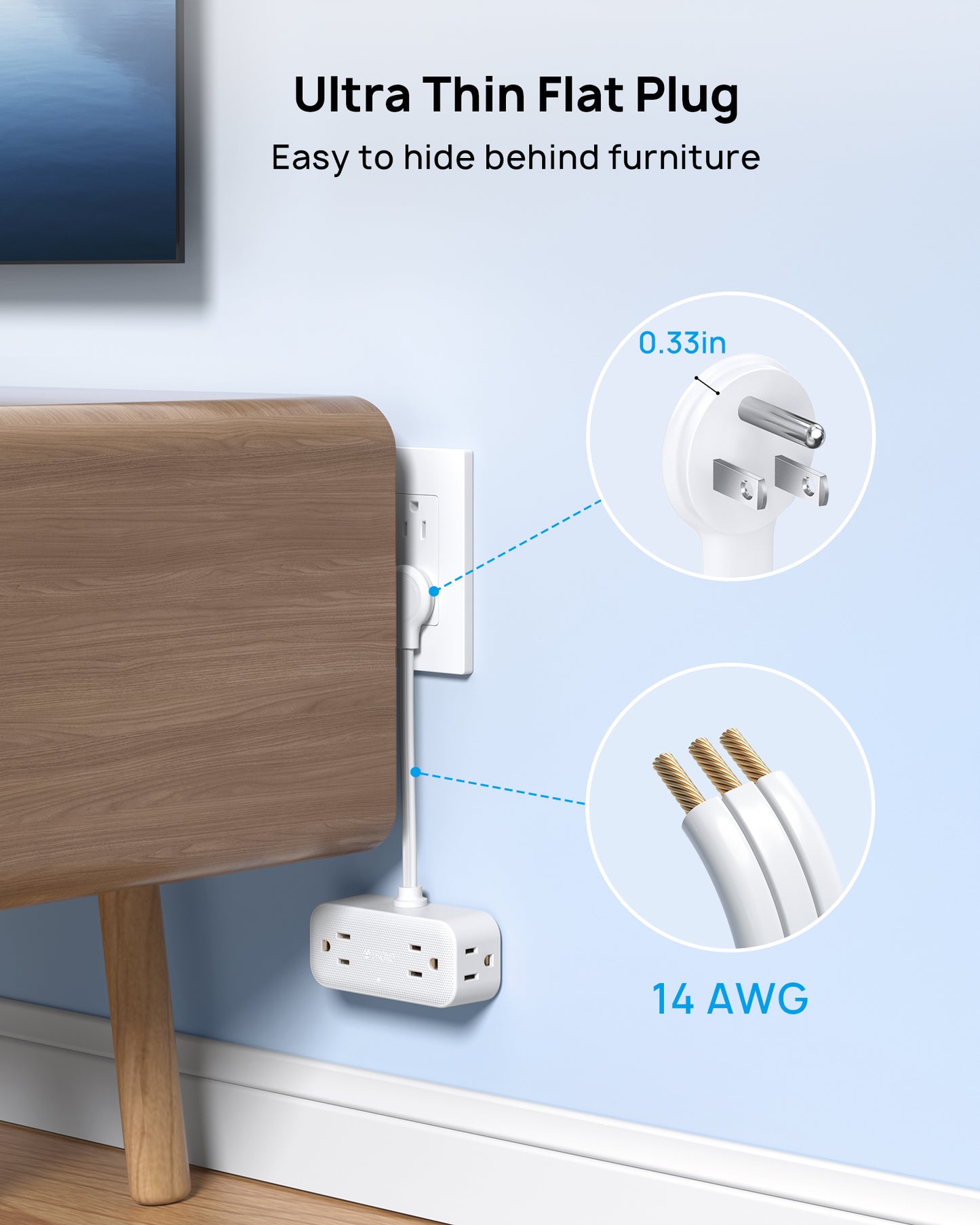 Outlet Extender with 6 Inch Cord - Flat Plug Adapter for Inverted Outlets