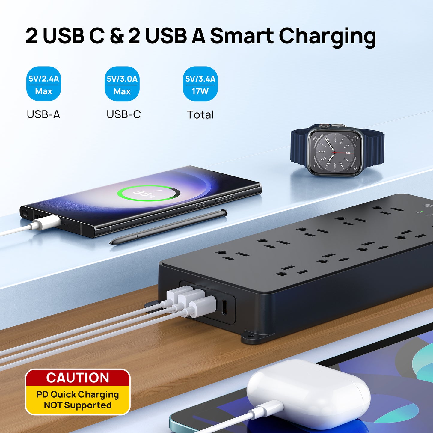 Power Strip Surge Protector, TROND 10 Widely Spaced Outlets with 4 USB Ports