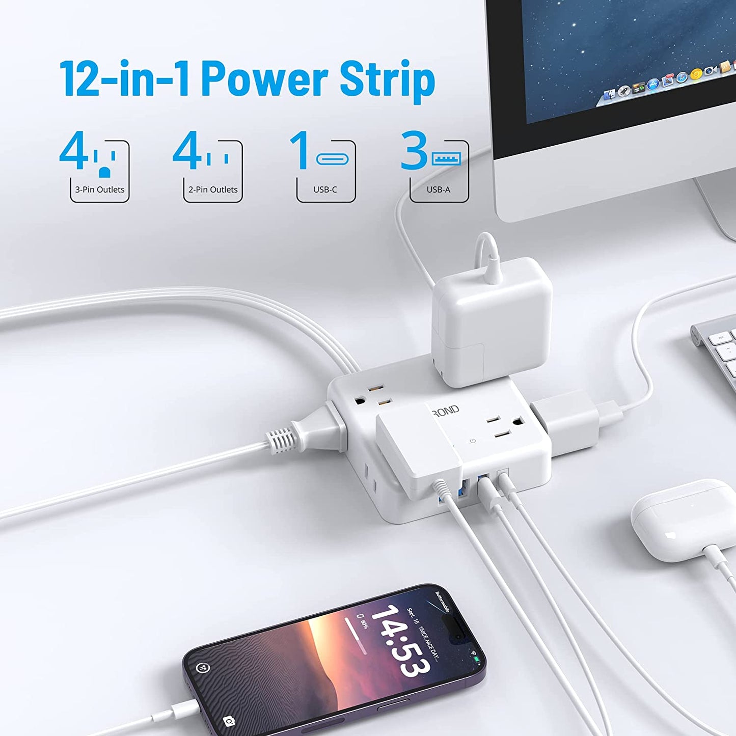 Power Strip Surge Protector with 3 USB-A & 1 USB-C Port, 8 Widely-Spaced Outlets, 1440J