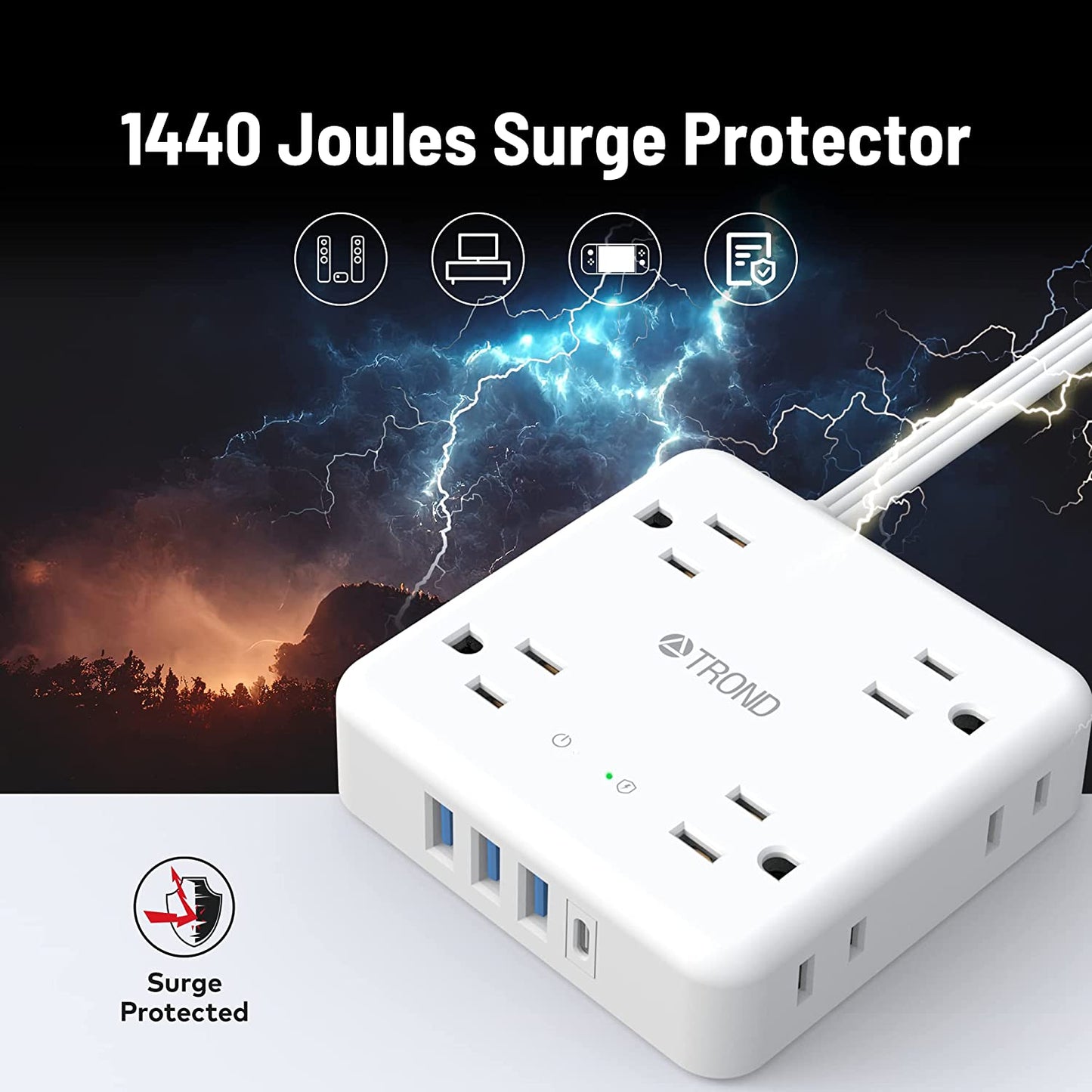 Power Strip Surge Protector with 3 USB-A & 1 USB-C Port, 8 Widely-Spaced Outlets, 1440J