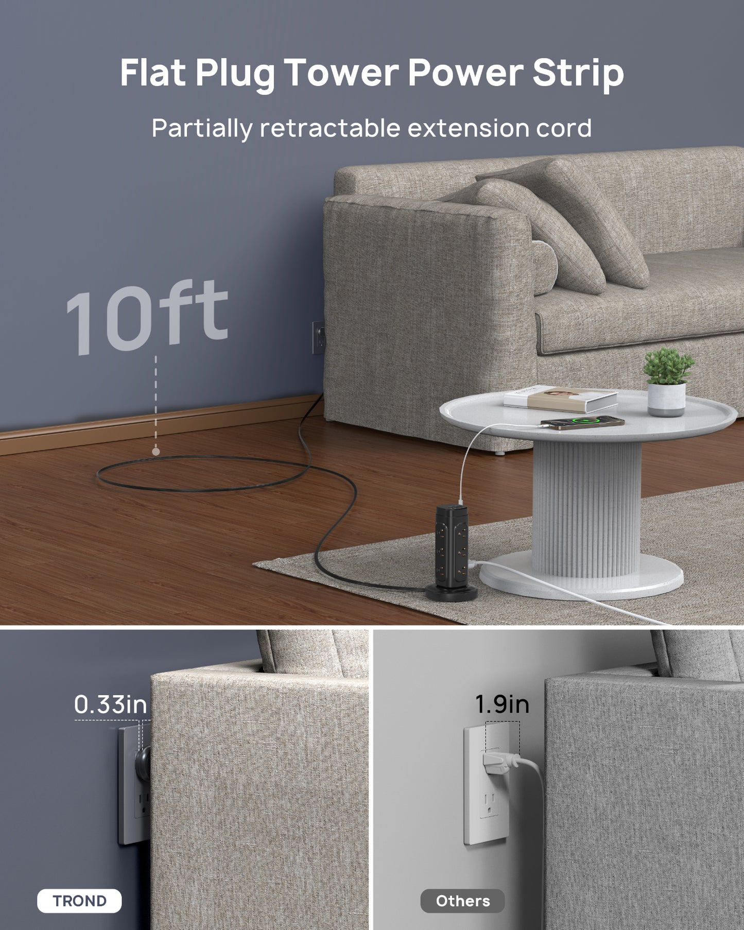 Semi-Retractable Power Strip Tower - Flat Plug Surge Protector Power Strip