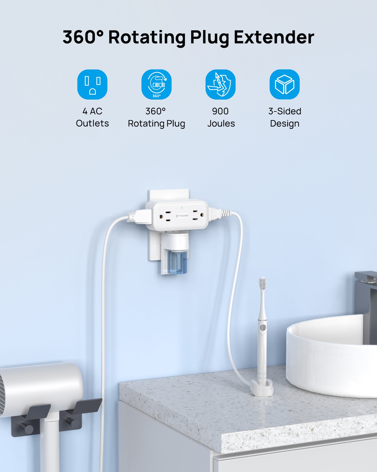 Surge Protector Outlet Extender with 360 Rotating Plug