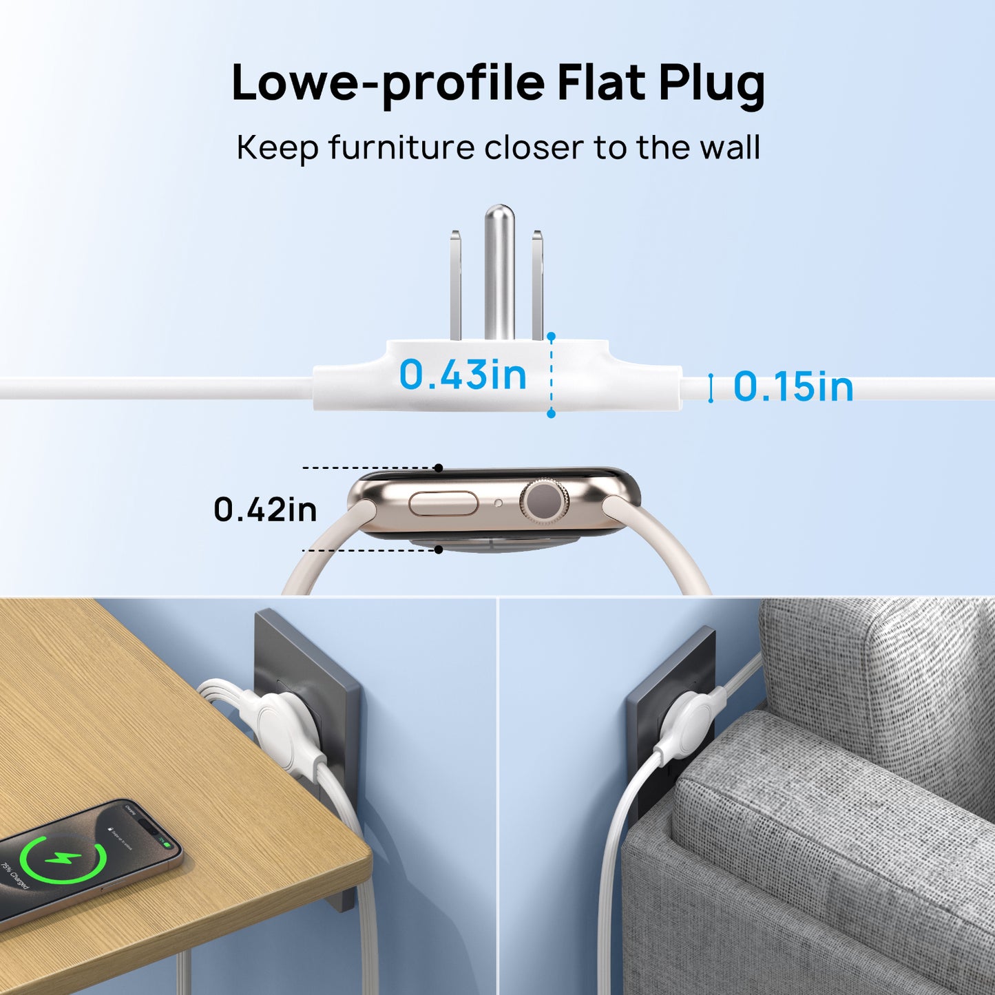 Split Extension Cord Power Strip，Low-Profile Flat Plug