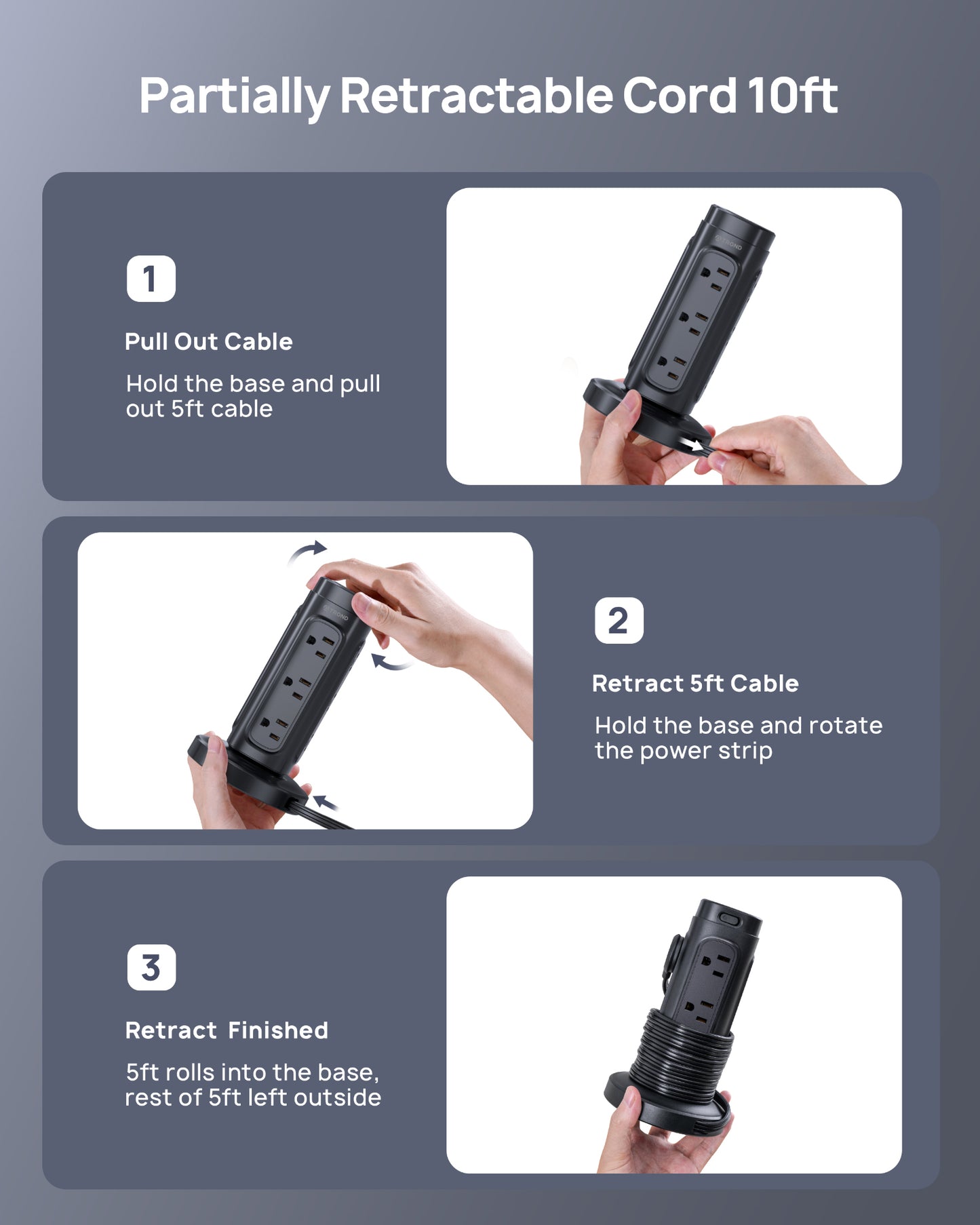 Semi-Retractable Power Strip Tower - Flat Plug Surge Protector Power Strip