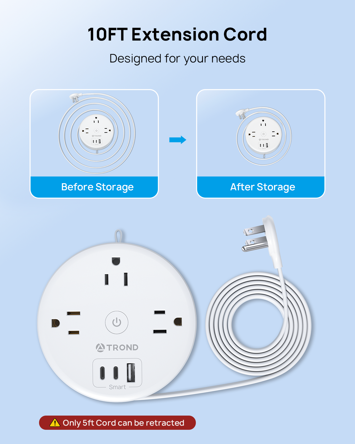 Flat Plug Power Strip - Extension Cord 10FT Partially-Retractable