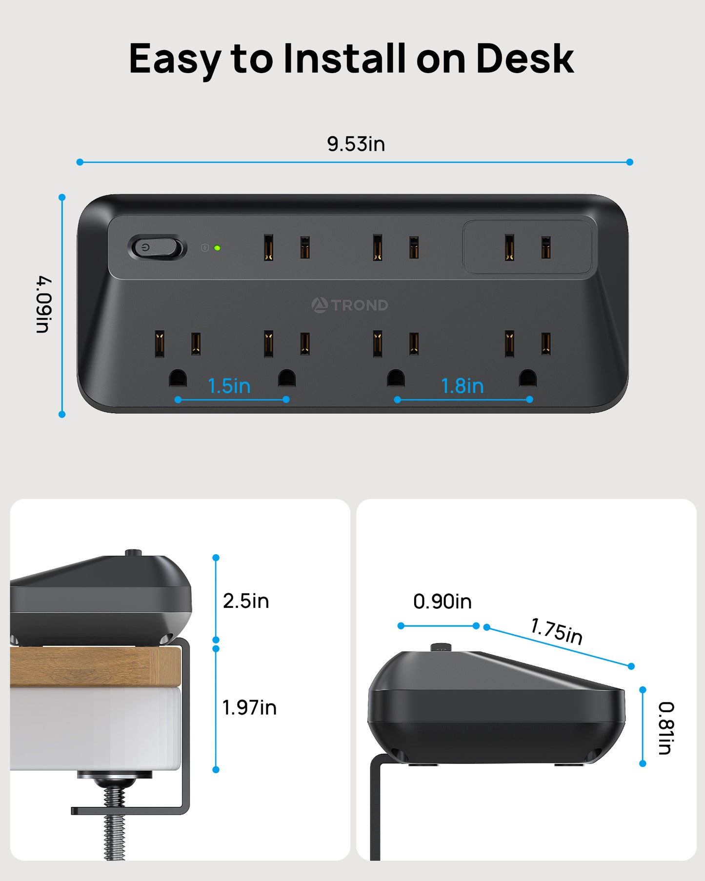 Desk Clamp Power Strip - 1700J Surge Protector with 7 Outlets