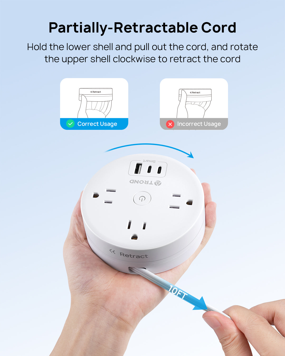 Flat Plug Power Strip - Extension Cord 10FT Partially-Retractable