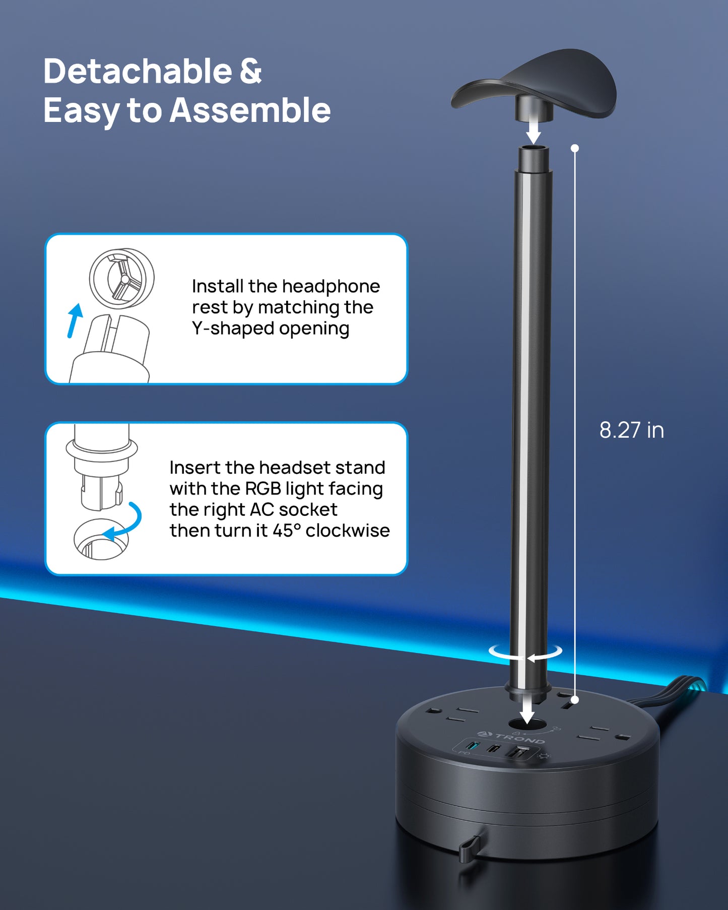 Headphone Stand with PD 20W USB C, RGB Gaming Headset Holder with 3 AC Outlets