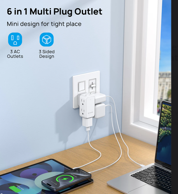 TROND Multi Plug Outlet Extender - Wall Outlet Splitter with 360° Rotating Plug