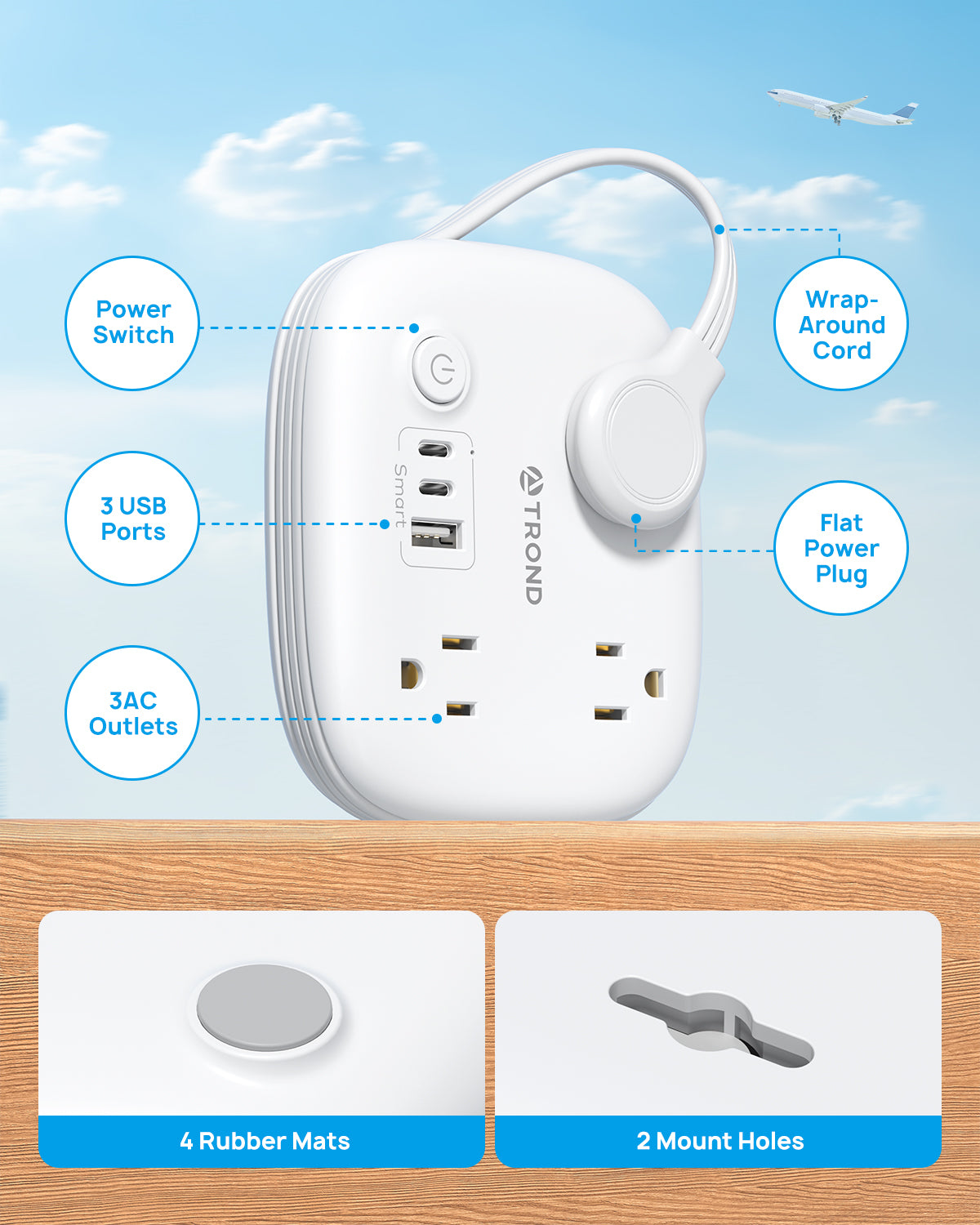 Travel Power Strip with USB C, Flat Plug Extension Cord with 3 Outlets 3 USB (2 USB C)