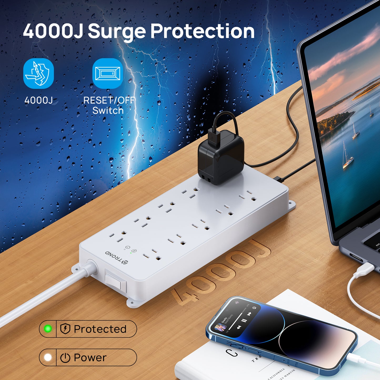Surge Protector Power Strip, Flat Plug 15ft Long Extension Cord