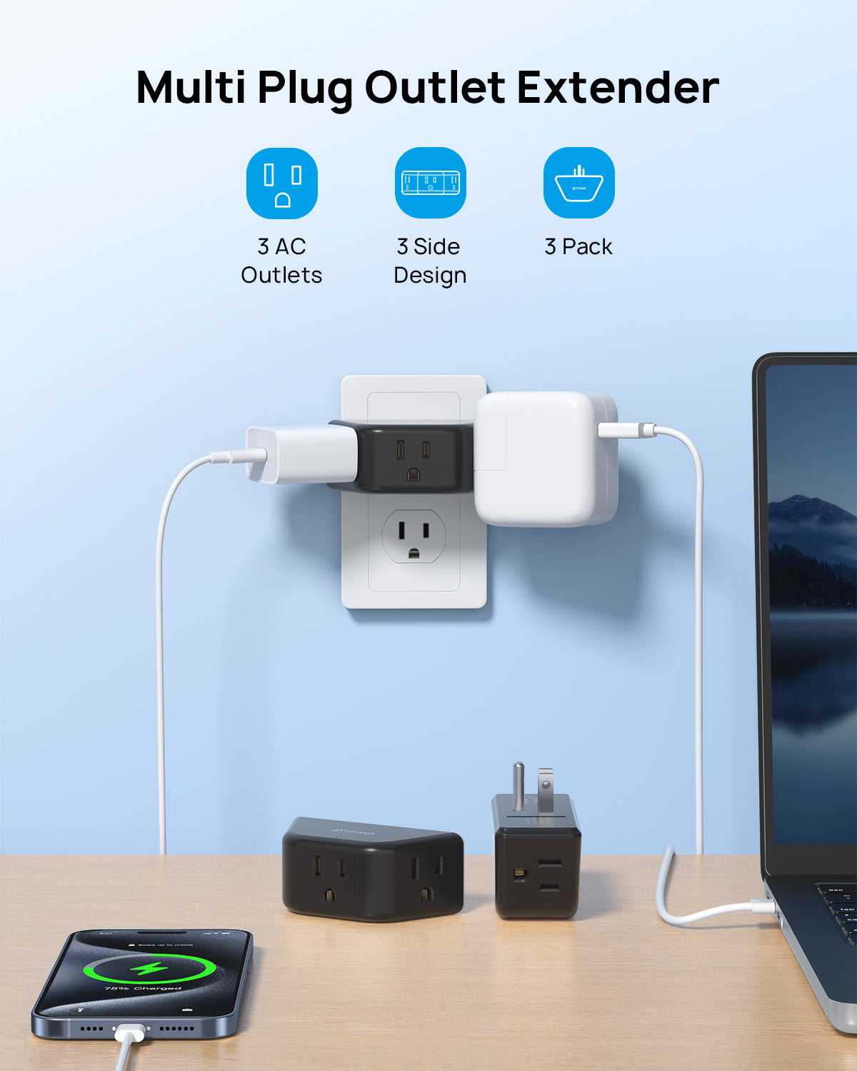 Outlet Extender - 3 Prong Grounded Plug Extension Outlet