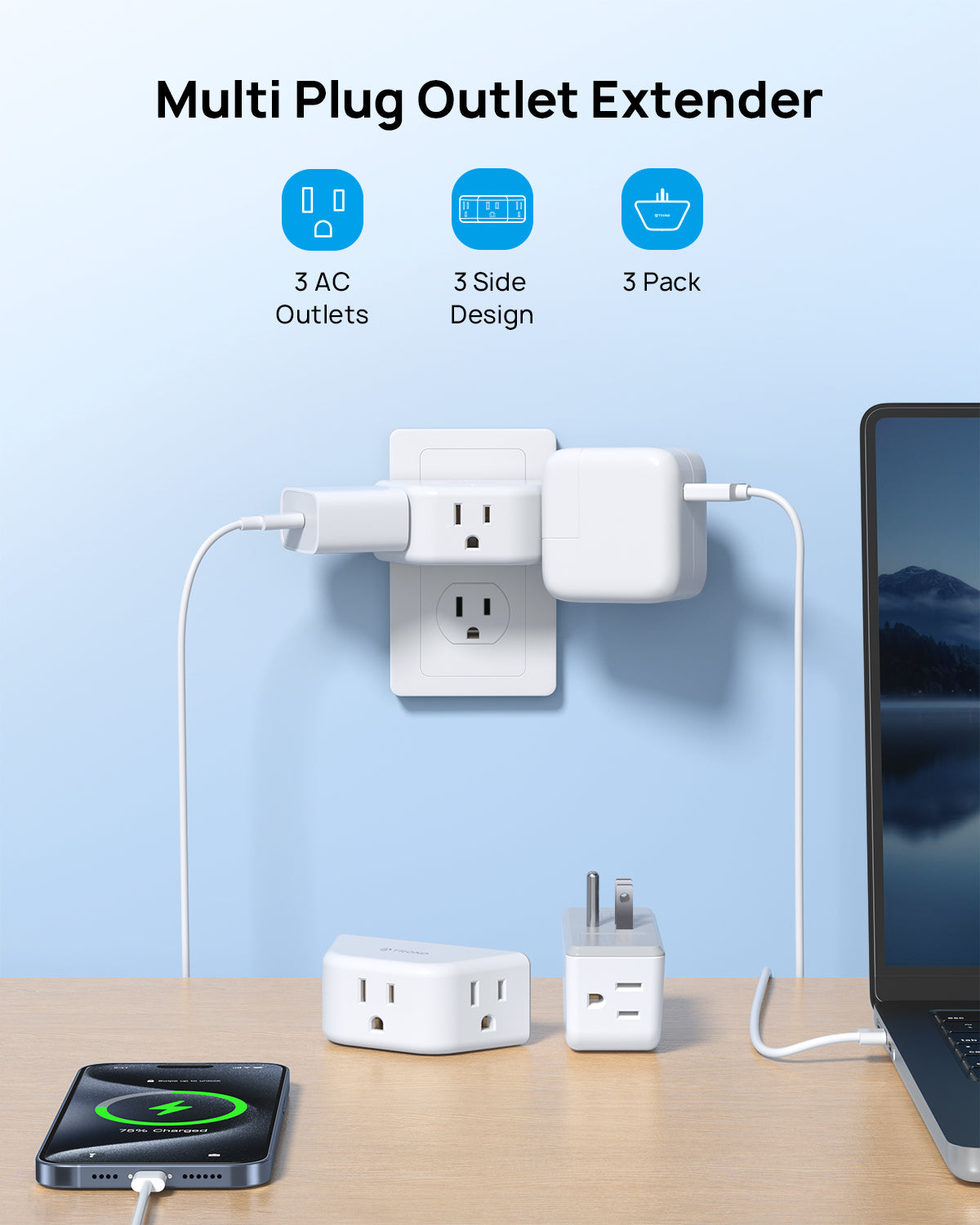 Outlet Extender 3 Pack - Multi Plug Wall Outlet, 3-Prong Grounded Outlet Splitter