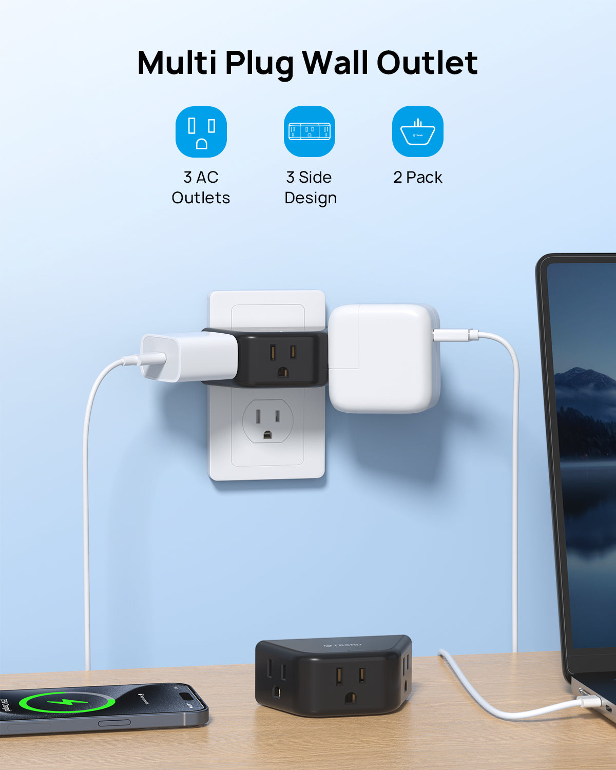 Outlet Extender - 3 Prong Grounded Plug Extension Outlet