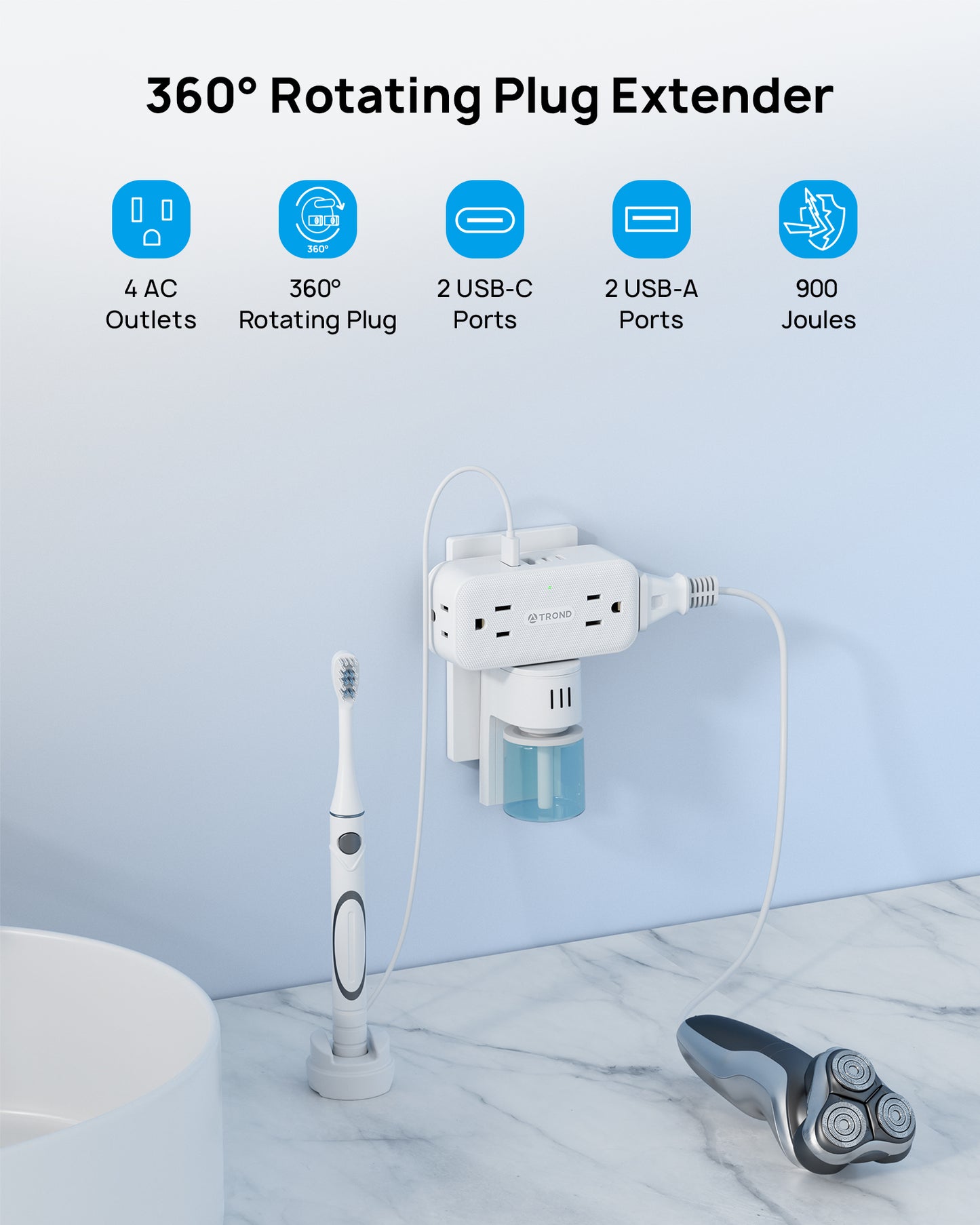 Surge Protector Outlet Extender with 360 Rotating Plug