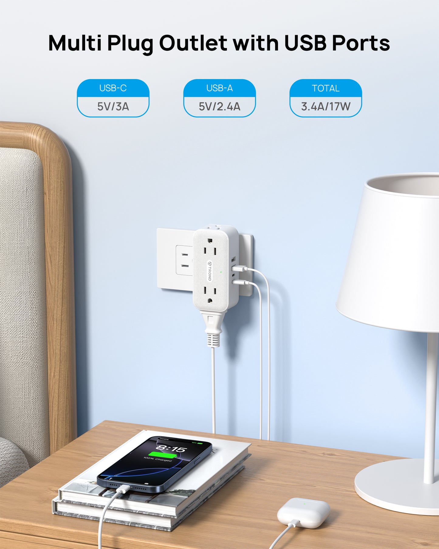 Surge Protector Outlet Extender with 360 Rotating Plug