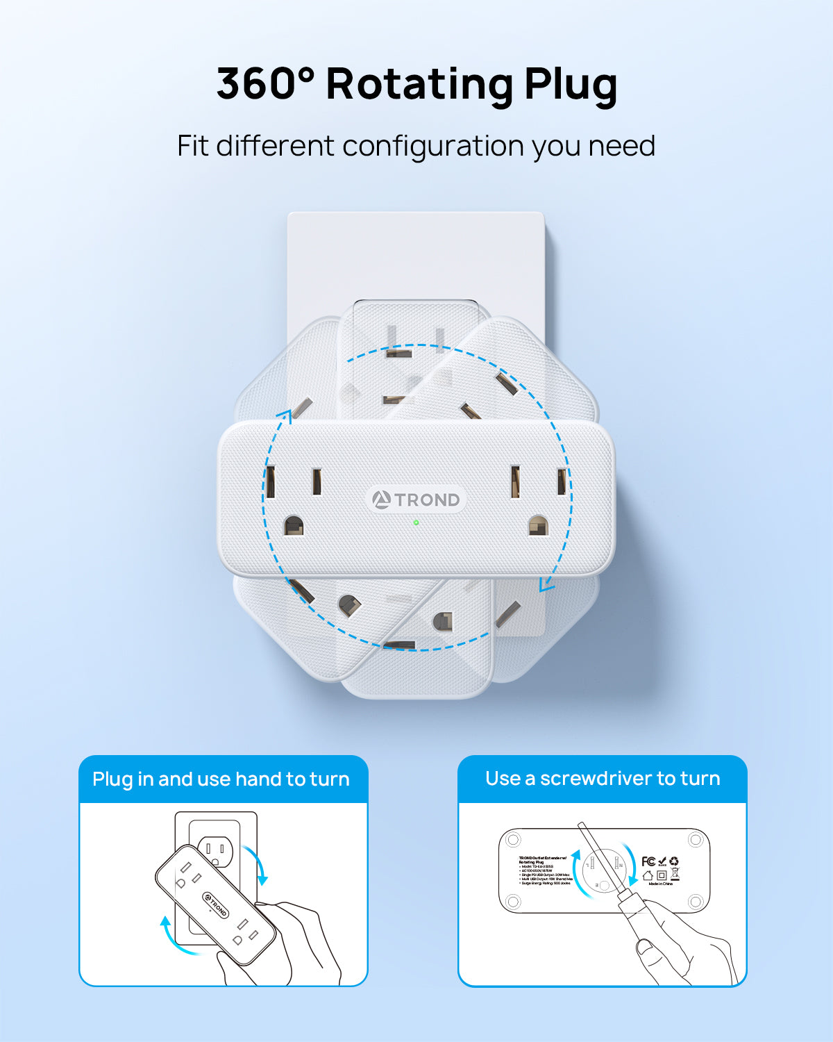 Multi Plug Outlet Extender - 6 AC Outlet Splitter with 360° Rotating Plug