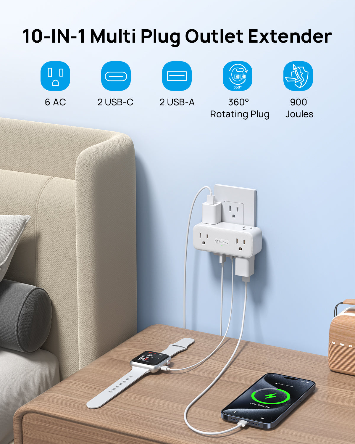 Outlet Extender Surge Protector, 6 AC Outlet Splitter with 360° Rotating Plug