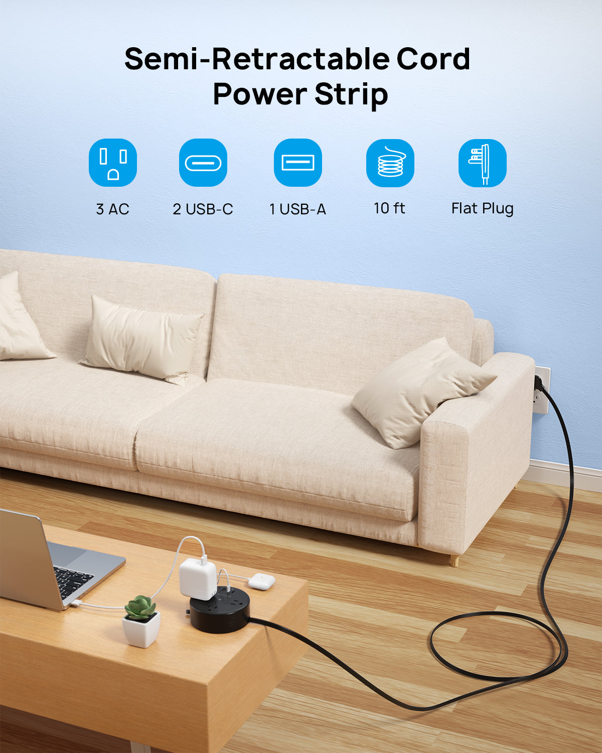 Power Strip Flat Plug - Extension Cord 10FT Semi-Retractable