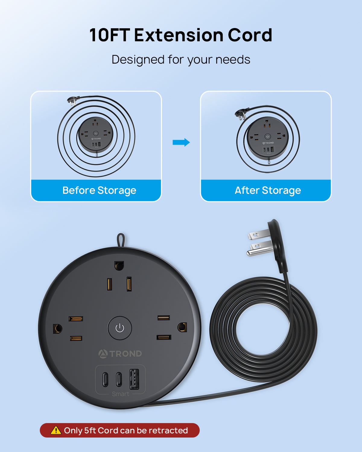 Power Strip Flat Plug - Extension Cord 10FT Semi-Retractable