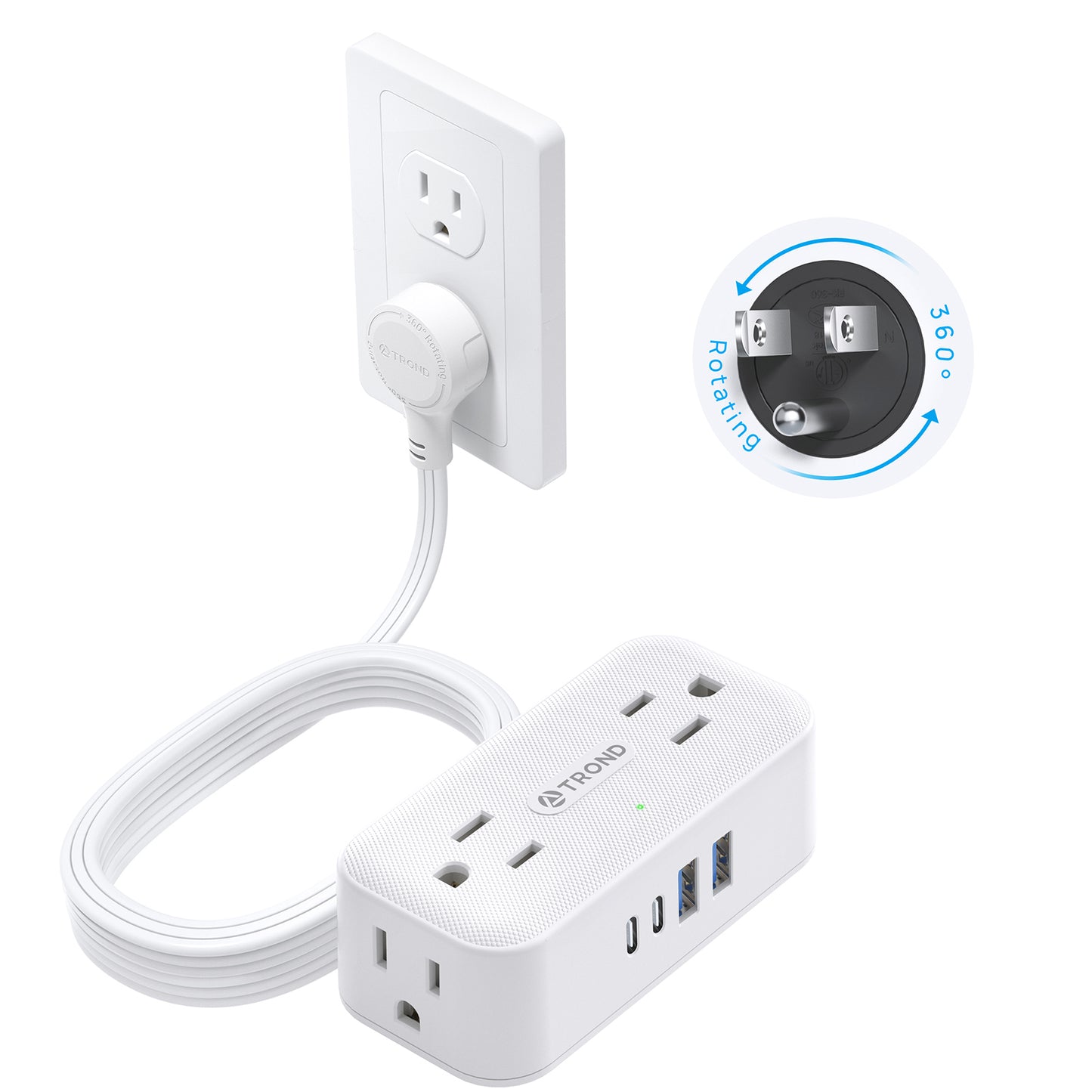 360° Rotating Flat Plug Power Strip, 5FT Extension Cord with 4 USB Ports