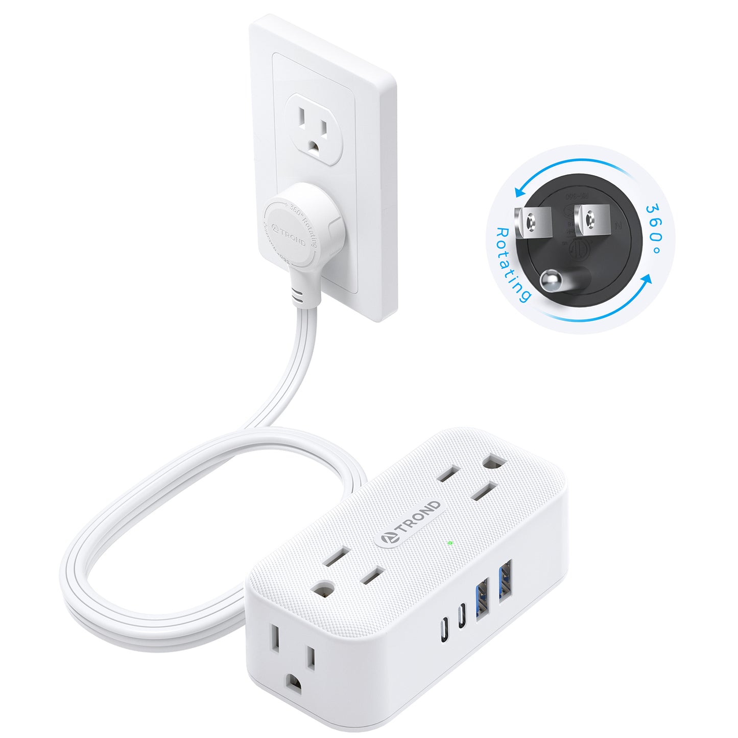 360° Rotating Flat Plug Power Strip, 5FT Extension Cord with 4 USB Ports