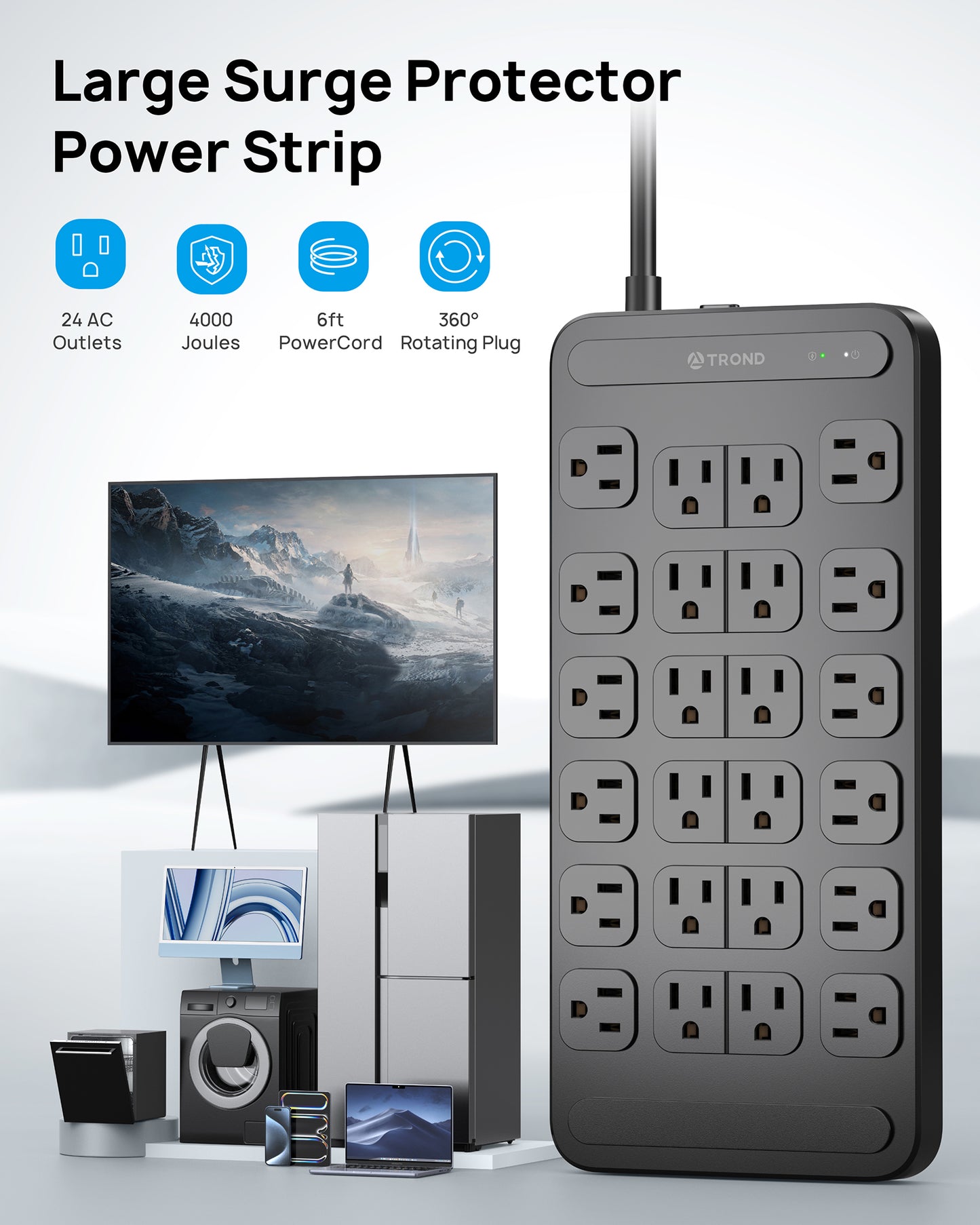 Surge Protector Power Strip with 360° Rotating Plug, 24AC Outlets