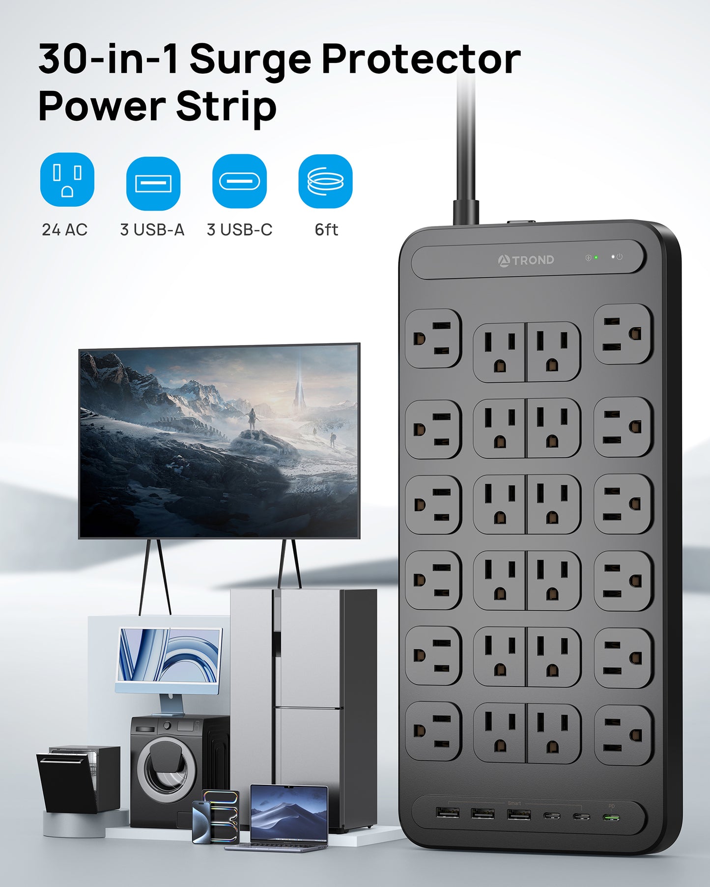 Surge Protector Power Strip with 360° Rotating Plug, 24AC Outlets,3 USB A & 3 USB C - PD20W