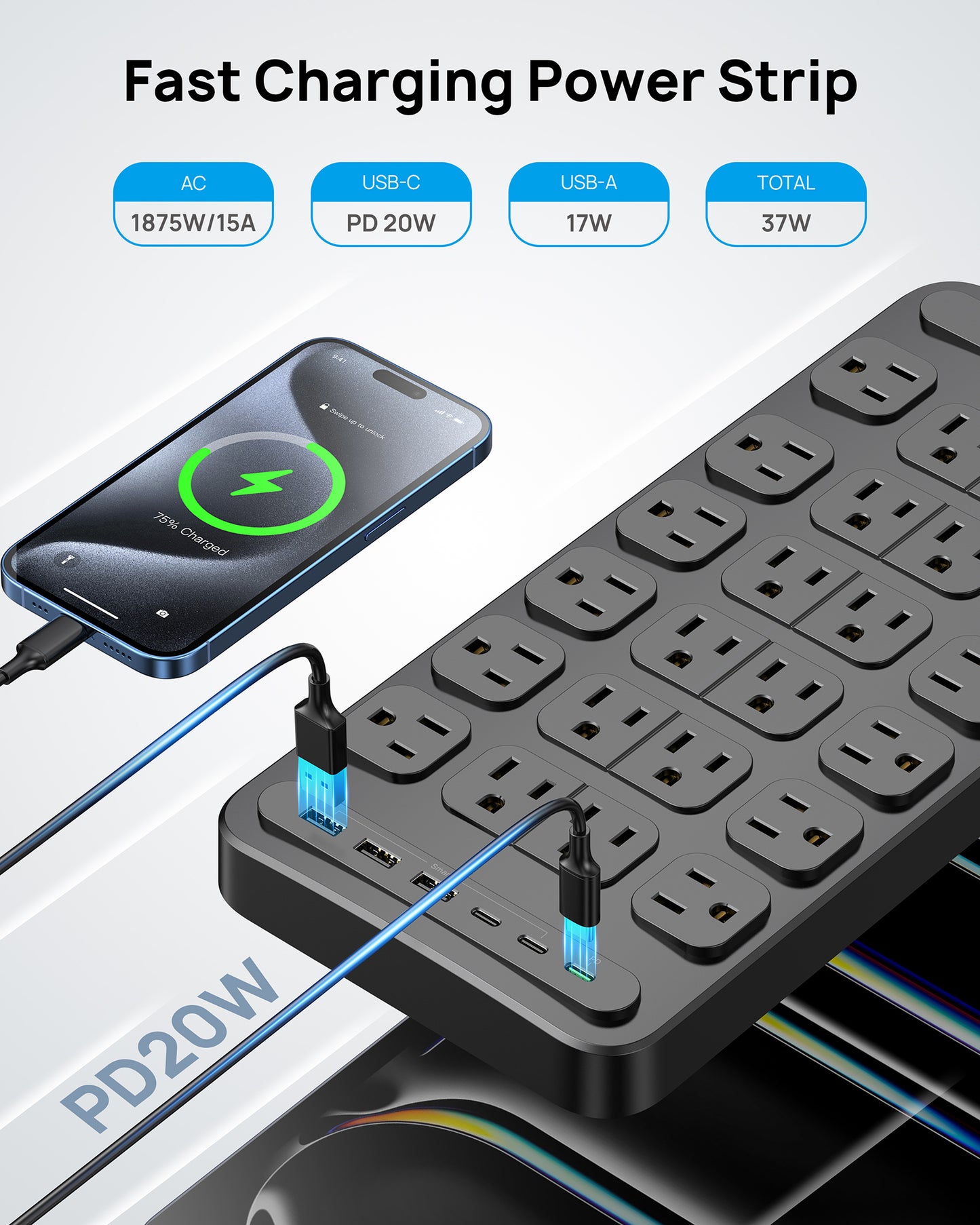 Surge Protector Power Strip with 360° Rotating Plug, 24AC Outlets,3 USB A & 3 USB C - PD20W