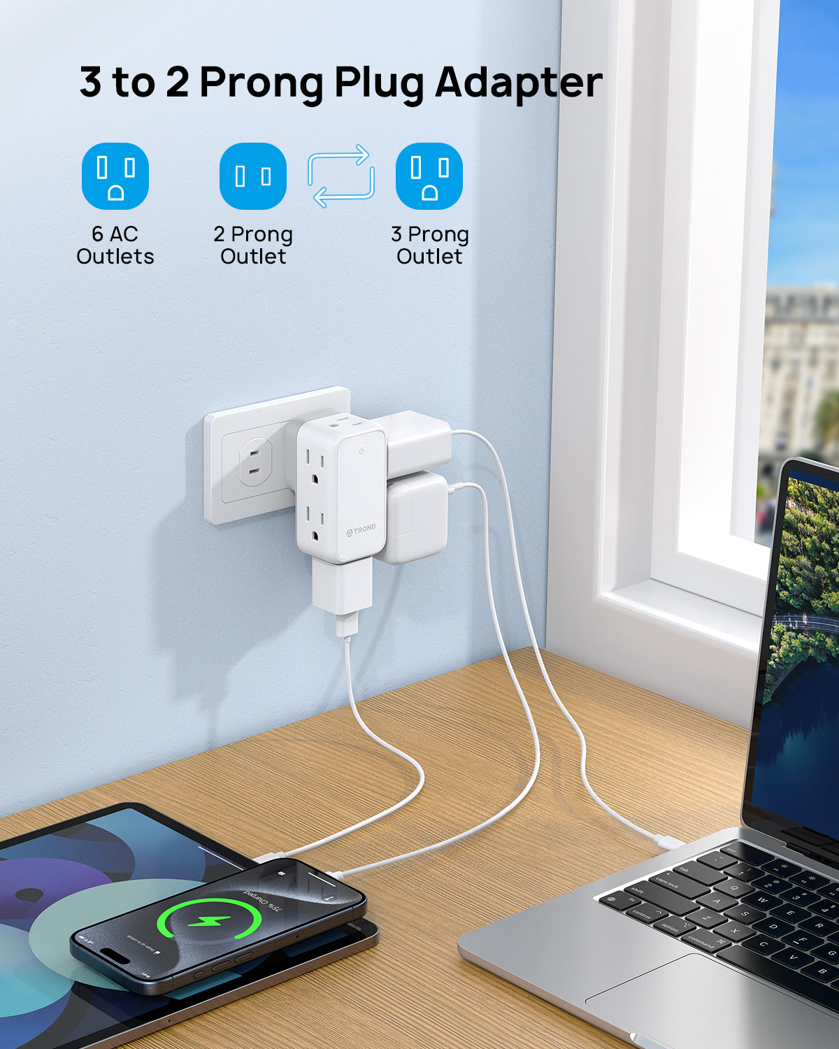 2 Prong to 3 Prong Outlet Adapter, 2 Prong Power Strip with Rotating Plug and 6 AC Outlets