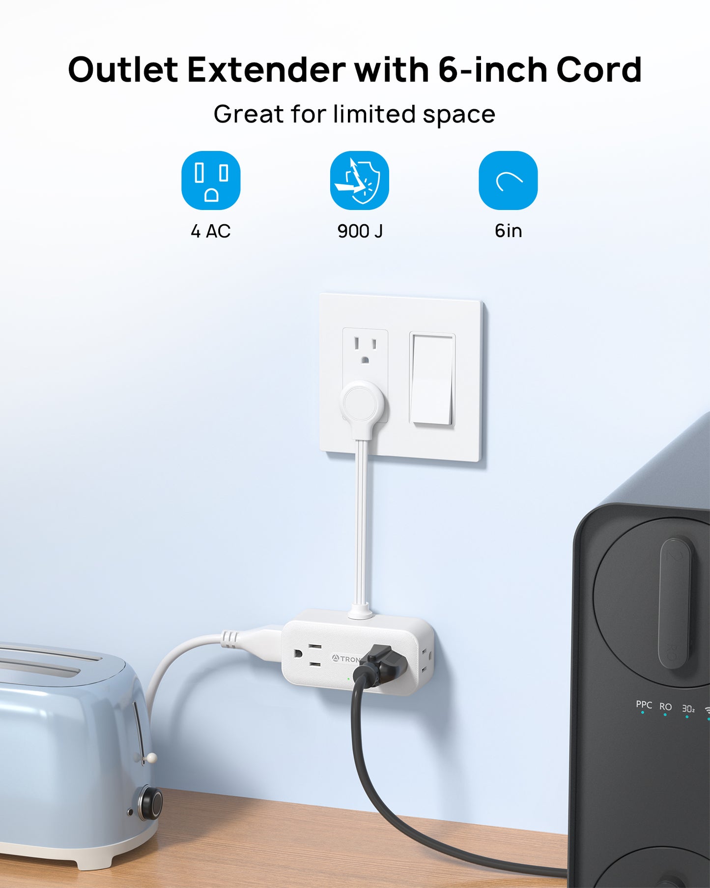 Outlet Extender with 6 Inch Cord, Flat Plug Adapter with 4 Electrical Sockets