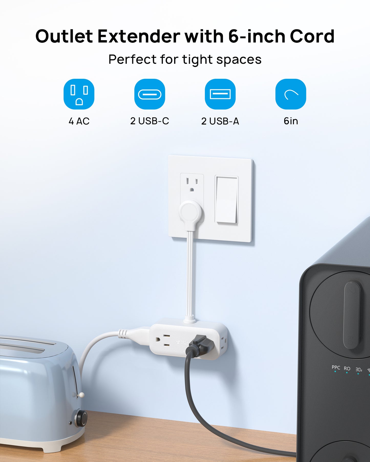 Outlet Extender with 6-inch Cord, 4 Electrical Outlets and 4 USB Ports