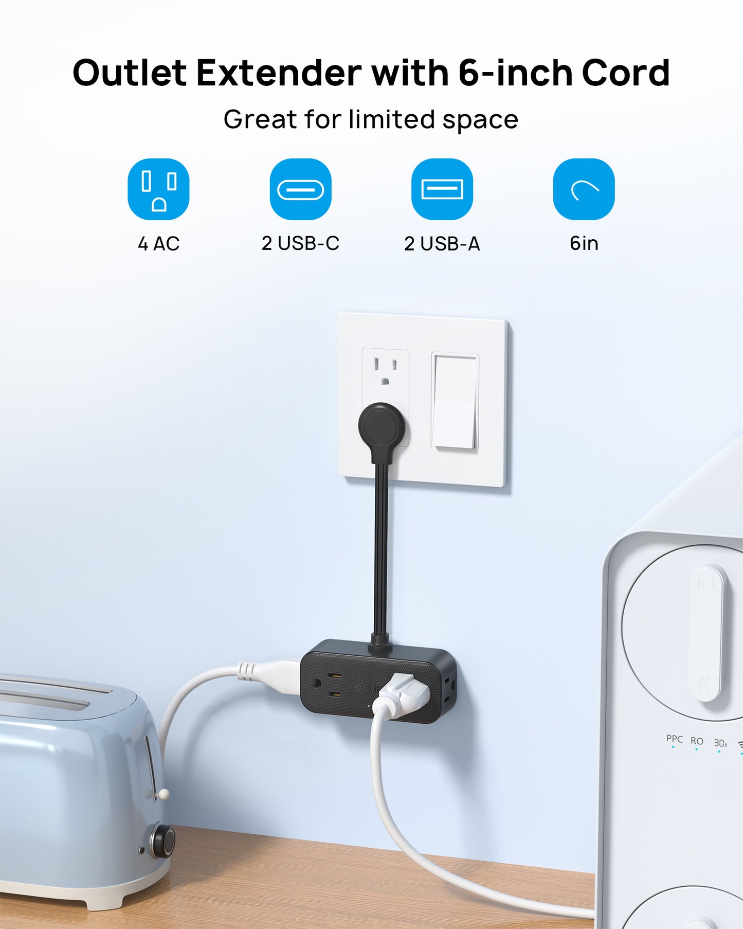 Outlet Extender with 6 Inch Cord - Multi Plug Wall Outlet