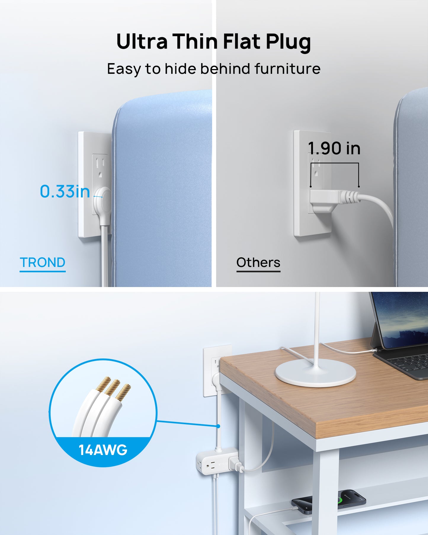 Outlet Extender with 6-inch Cord, 4 Electrical Outlets and 4 USB Ports