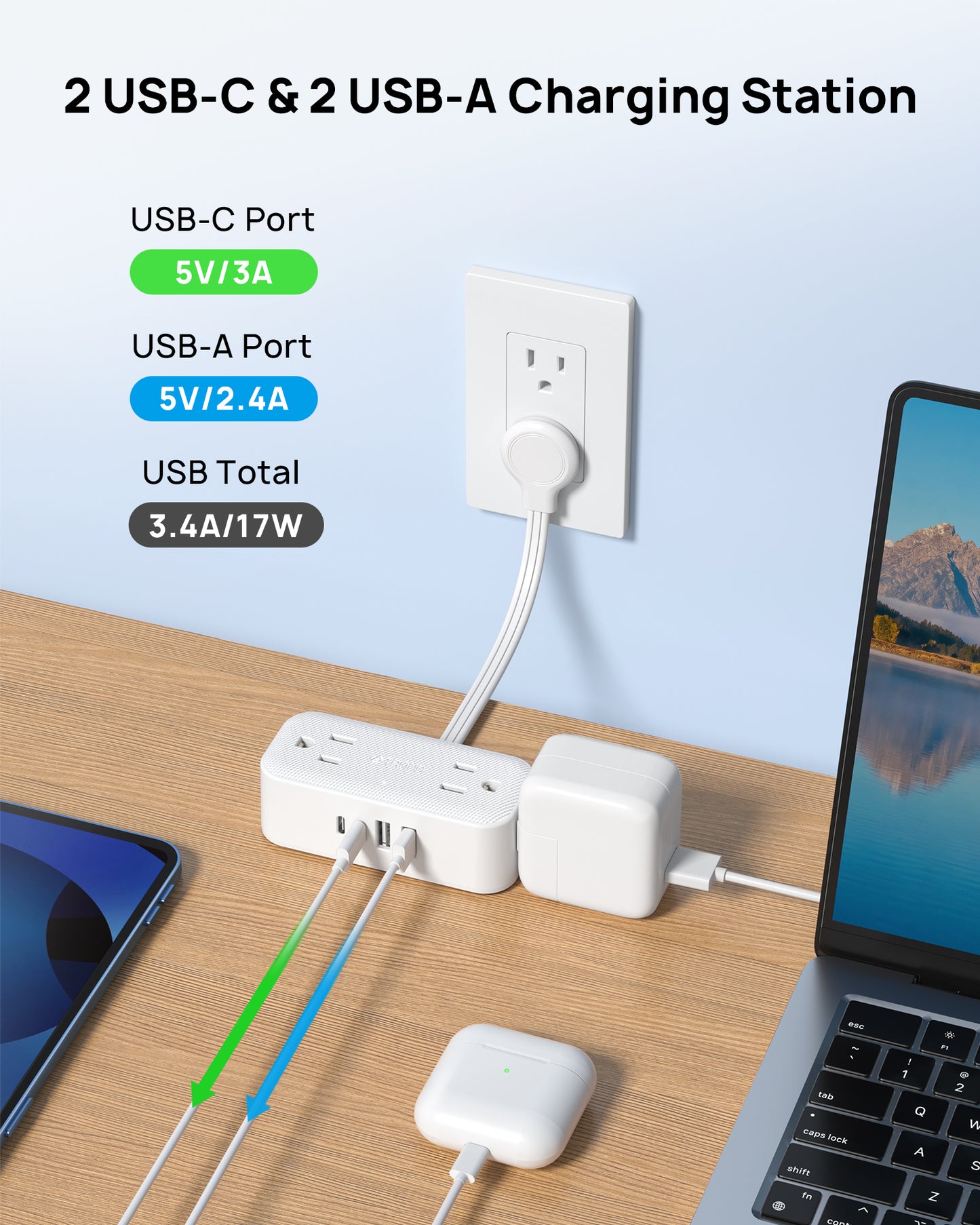 Outlet Extender with 6-inch Cord, 4 Electrical Outlets and 4 USB Ports