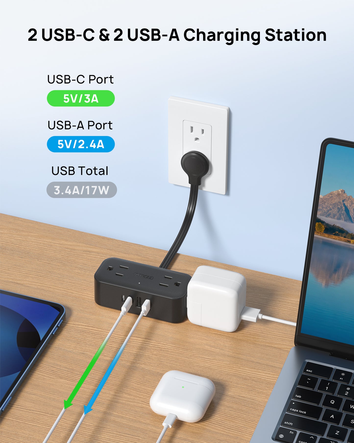 Outlet Extender with 6 Inch Cord - Multi Plug Wall Outlet