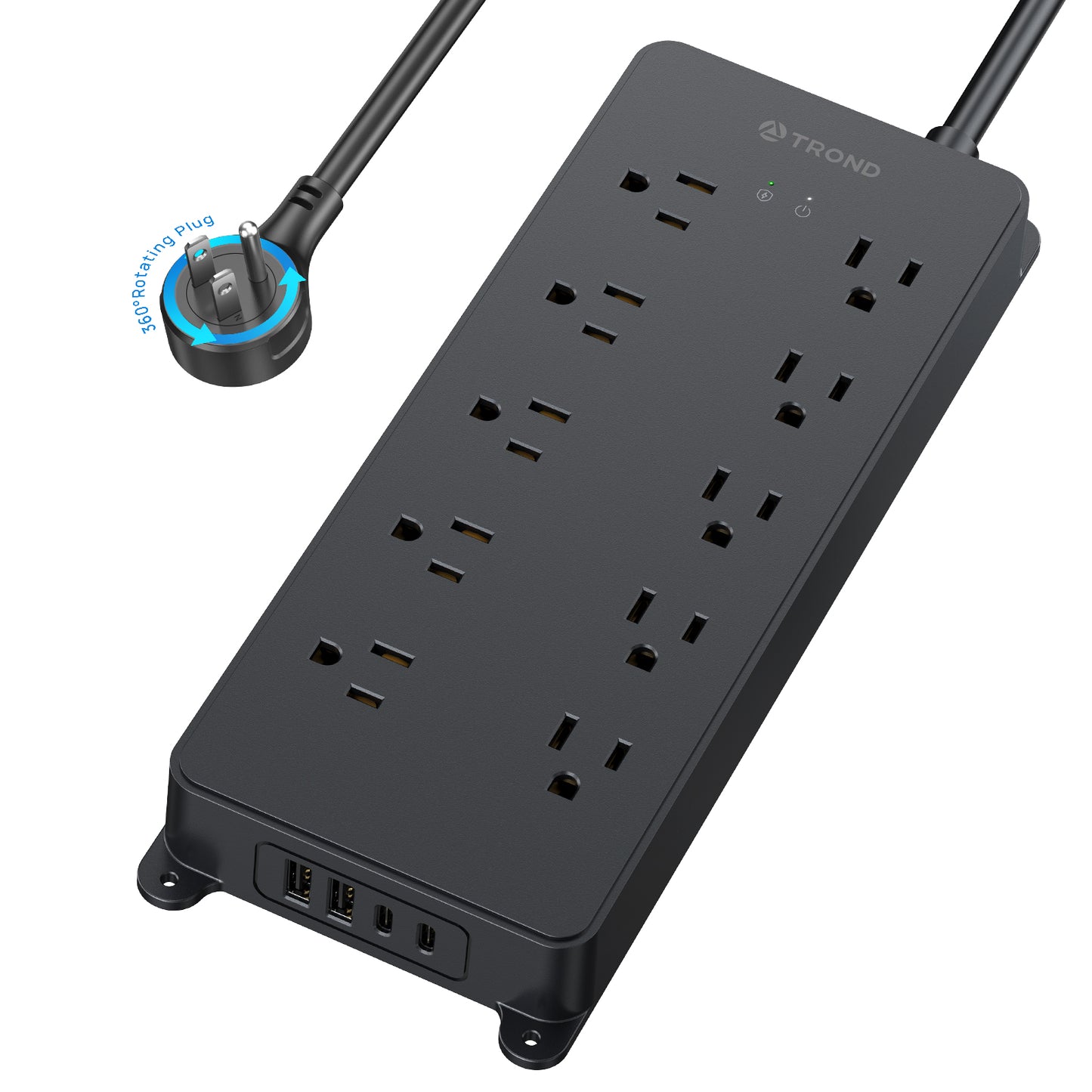 360° Rotating Flat Plug Power Strip, 10AC Outlets, 4000 Joules