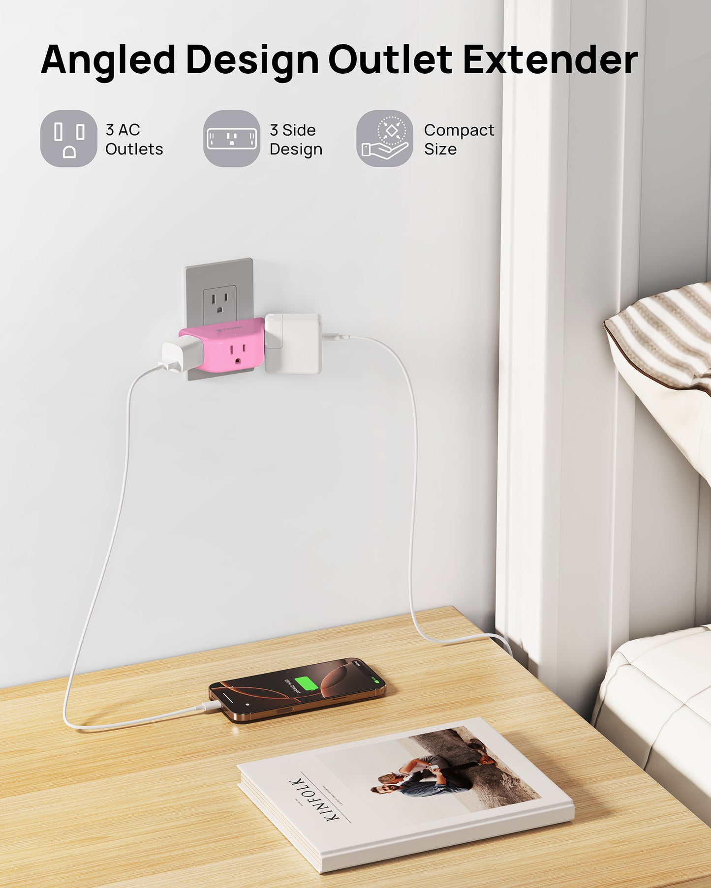 TROND Pink Outlet Extender - Multi Plug Outlet with 3-Prong Grounded Sockets