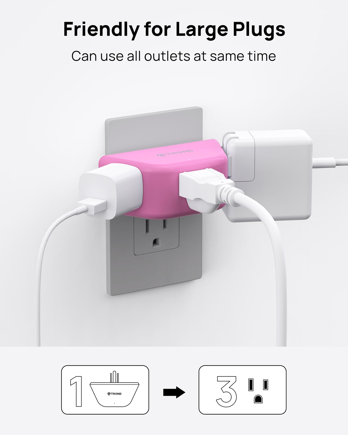 TROND Pink Outlet Extender - Multi Plug Outlet with 3-Prong Grounded Sockets