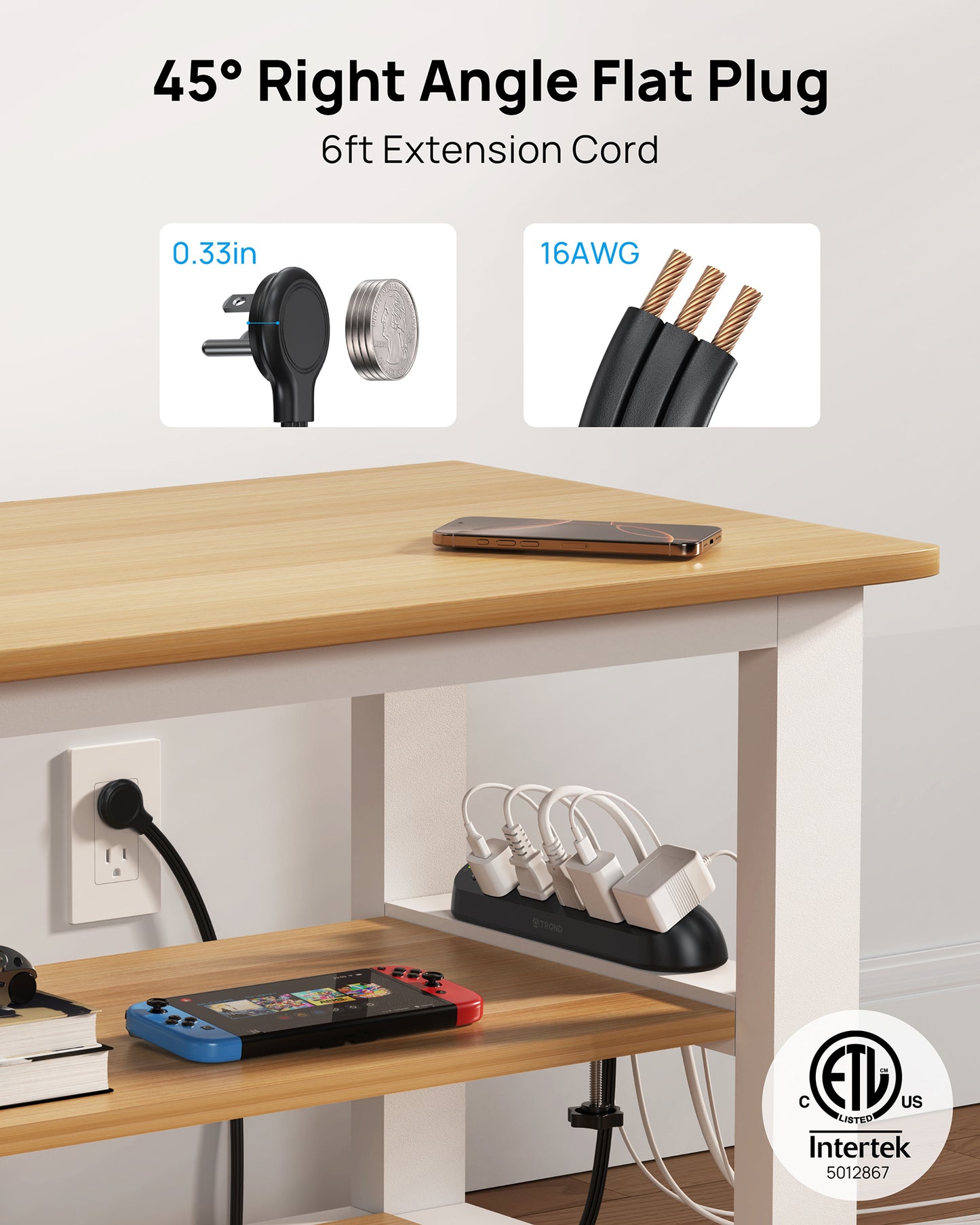 Desk Clamp Power Strip - Flat Plug Power Strip with 5AC Outlets