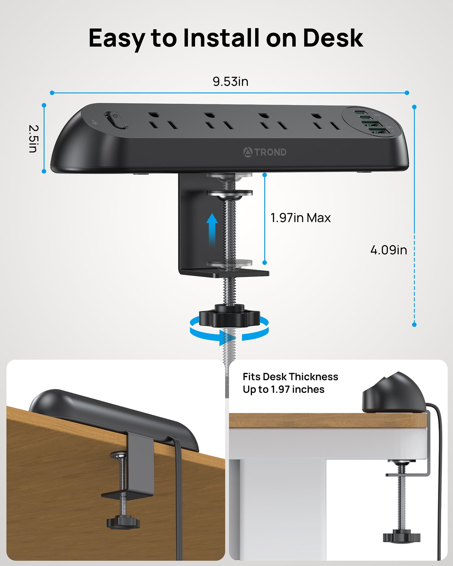 Desk Clamp Power Strip USB C PD 20W- Surge Protector