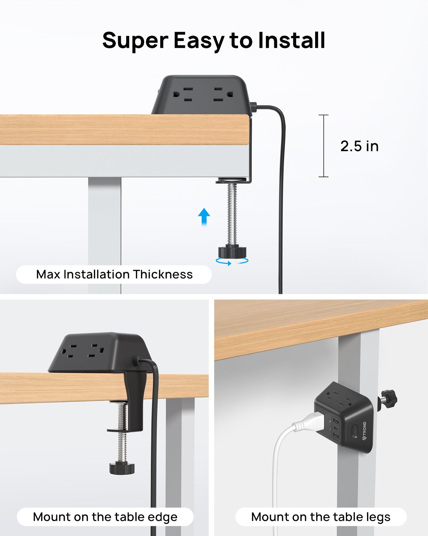 Desk Clamp Power Strip, Surge Protector with 5 AC Outlets