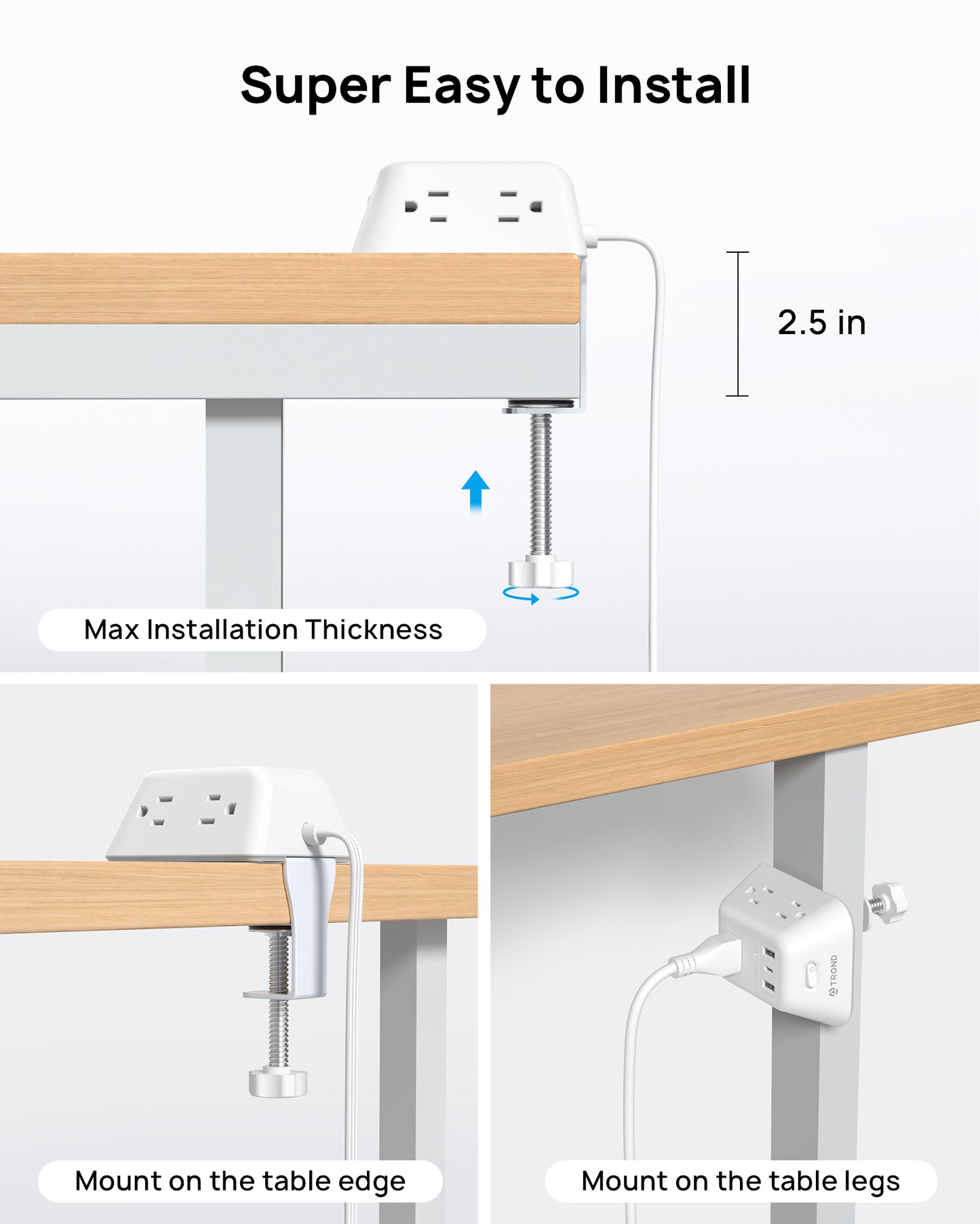 Desk Clamp Power Strip, Surge Protector with 5 AC Outlets