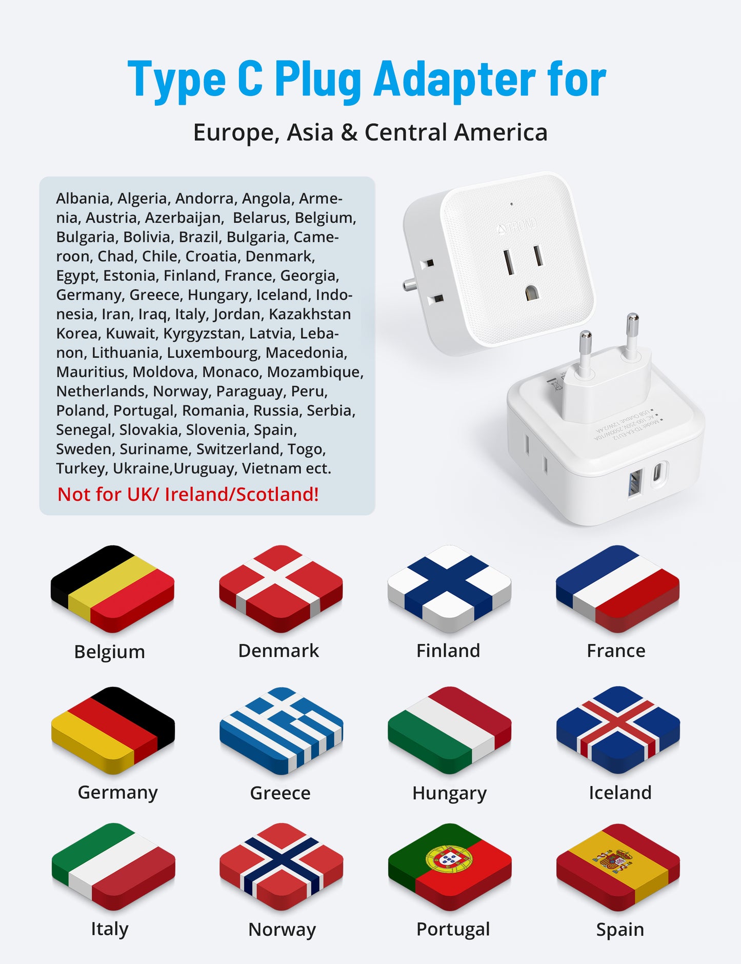 European Travel Plug Adapter 2 Pack - TROND US to Europe International Power Adapter