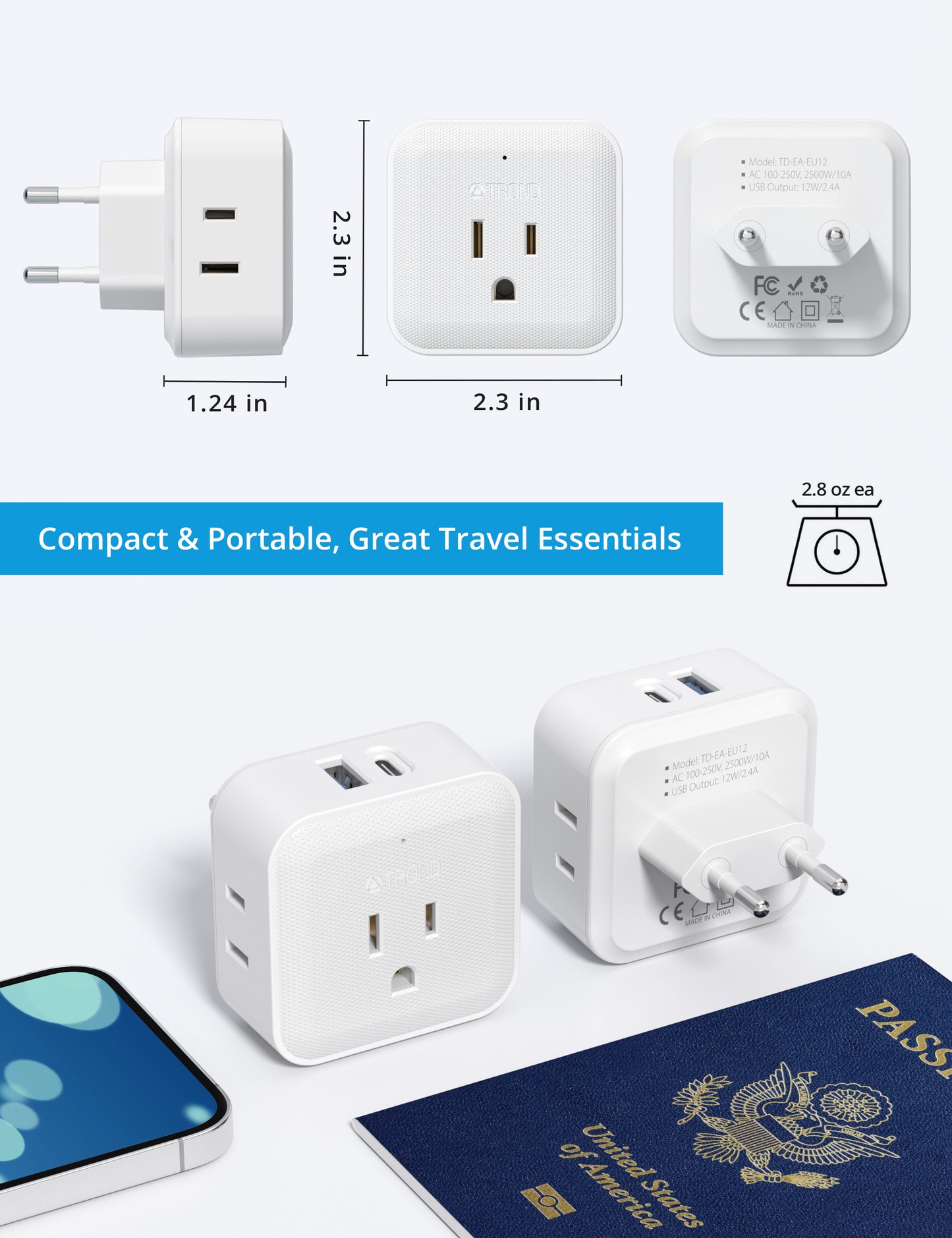 European Travel Plug Adapter 2 Pack - TROND US to Europe International Power Adapter